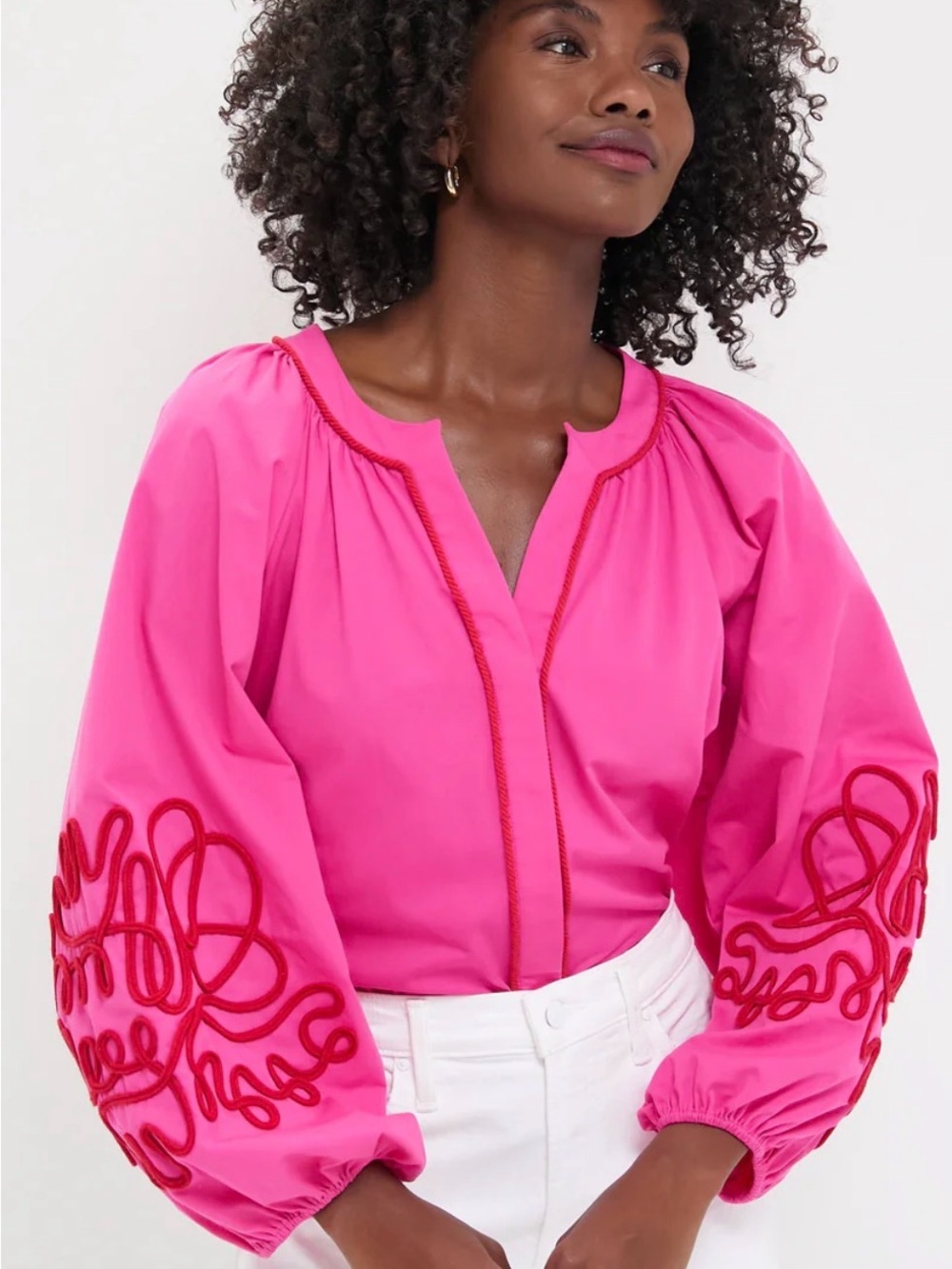 Hyacinth House Pink & Red Stella Blouse Soutache Embroidery Blouson Slvs Sz S